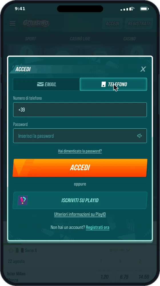 Accesso a Golisimo con numero di telefono e password