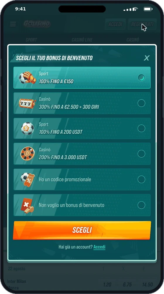 Scelta del pacchetto di benvenuto durante la registrazione Golisimo, tra bonus casino e bonus sport